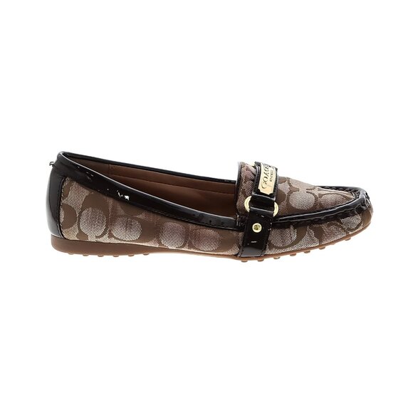 Coach Logo Neutral Brown Tan Canvas Gold Buckle Patent Leather Driving Loafers 6 - Picture 1 of 13